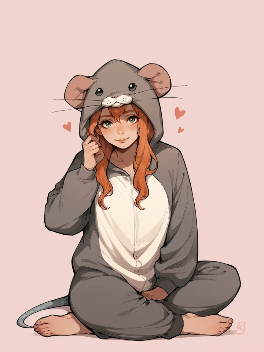 score_9, score_8_up, score_7_up, score_6_up, score_5_up,  <lora:ratonsieXLP3:1> rat onsie, barefoot, animal costume, tail, 1girl, ginger hair, sitting, heart, pink background,