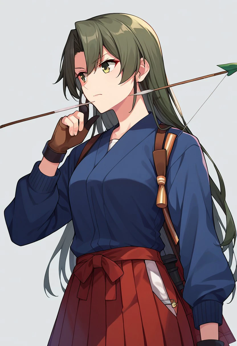 score_9, score_8, score_7, source_anime, zuikaku (kancolle), long sleeves, partially fingerless gloves, pleated skirt, shirt, yugake, skirt, arrow (projectile), red hakama, closed mouth