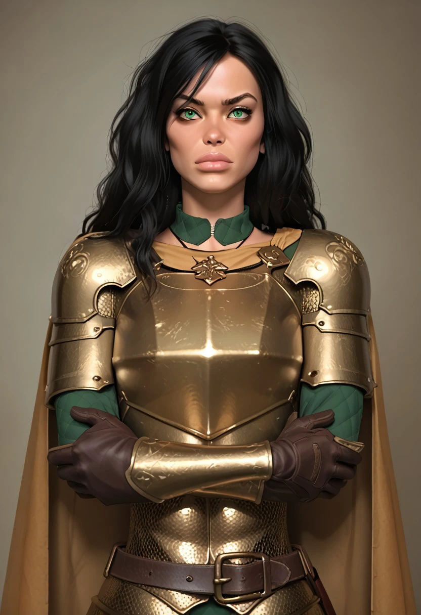 score_9, score_8_up, score_7_up, score_6_up, AOJaguarstyle, rating_explicit, solo focus, cowboy shot, portrait, view from front, upper body focus, 1girl, Pr1ncess_Lara, black hair, long hair, green eyes, armor, chainmail, breastplate,  boots, gloves, small breasts, determined expression, cape, belt, necklace, leather, arms crossed,