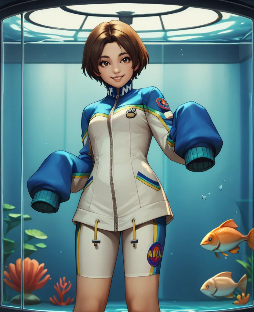 score_9,score_8_up,score_7_up,score_6_up,
urikoxl,brown short hair,brown eyes,smiling,
blue track jacket,sleeves past wrists,white bike shorts,
solo, 
in a large aquarium,large glass windows,
<lora:Urikoxl:0.9>,