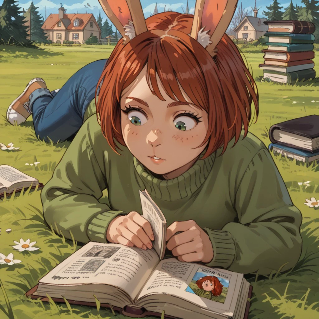 score_9, score_8, score_7, break, ladonna_c, rabbit girl, animal ears, auburn hair, furry, sweater, lying on stomach, grass, reading, book.