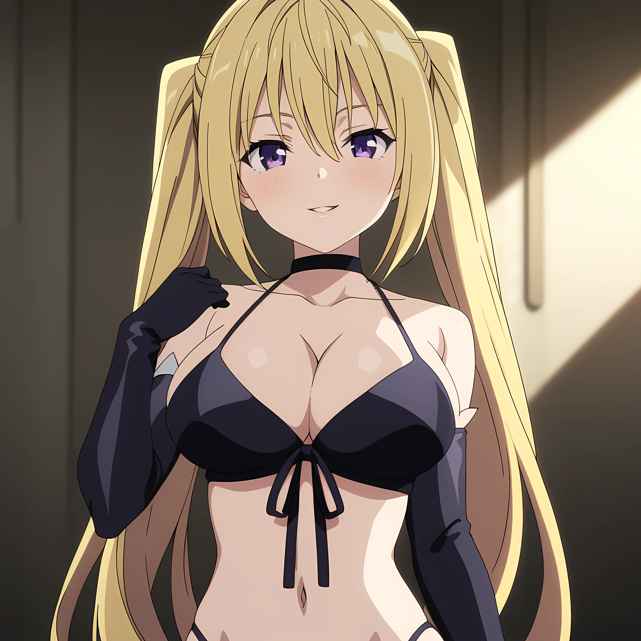 lieselotte_sherlock, 1girl, solo, blonde hair, twintails, shorts, gloves, cleavage, navel, elbow gloves, long hair, purple eyes, large breasts, choker, standardoutfit, seductive smile, standing, parted lips, close-up, portrait, upper body, anime coloring<lora:XL-Lieselotte_Sherlock:1>, (masterpiece),(best quality),(ultra-detailed),(best illustration),(best shadow),(absurdres),(detailed background),(very aesthetic),