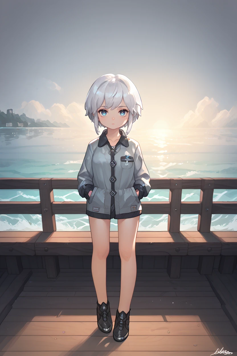 score_9, score_8_up, score_7_up, score_6_up
 <lora:GCSH:0.8>
GCSH, 1girl, short hair, blue eyes, silver hair, looking at viewer, standing on a pier, looking out at the ocean, hands in pockets, overcast sky with hints of sunlight breaking through, calm and introspective atmosphere