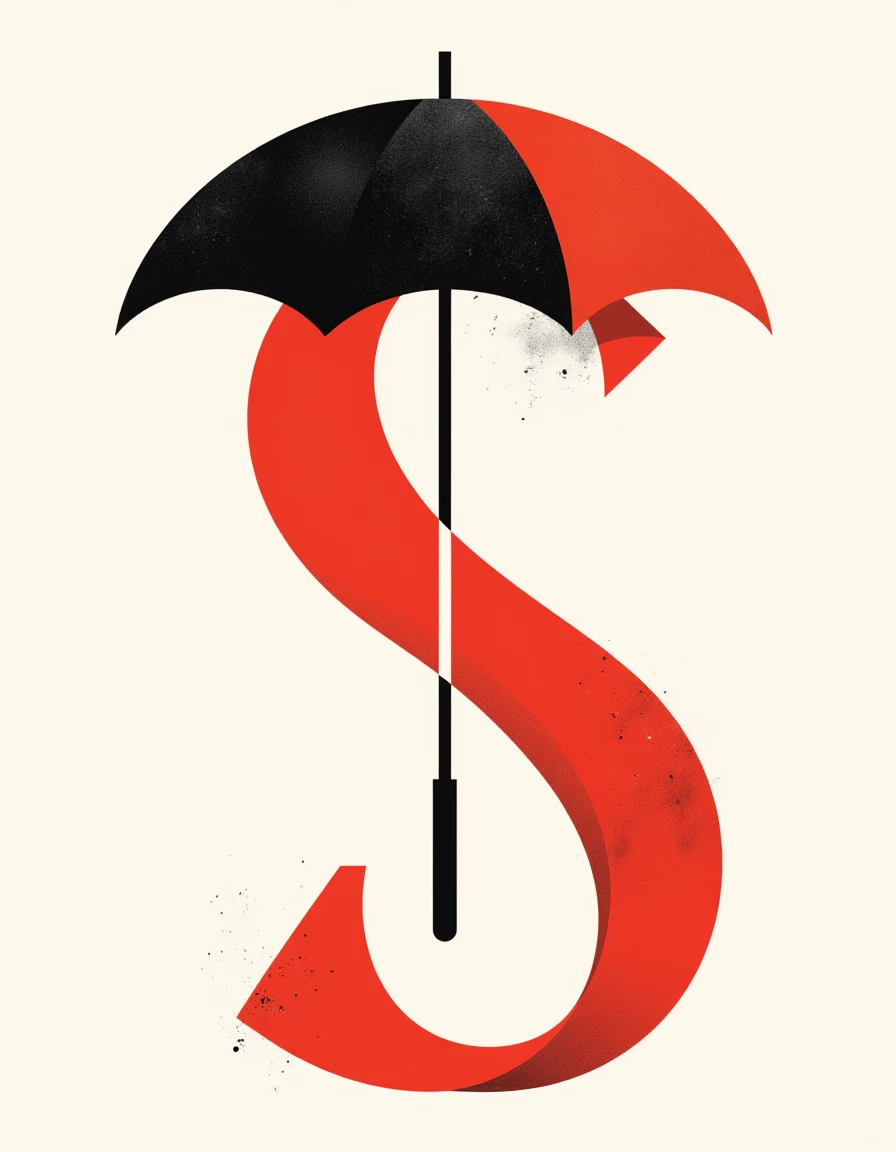 Abstract design, shapes, pattern, a simple vector, modern, light background, graphic design of a "S" under an umbrella. Black and white with a splash of red.
 <lora:Swiss_Design:0.8> sw1ssdes1gn