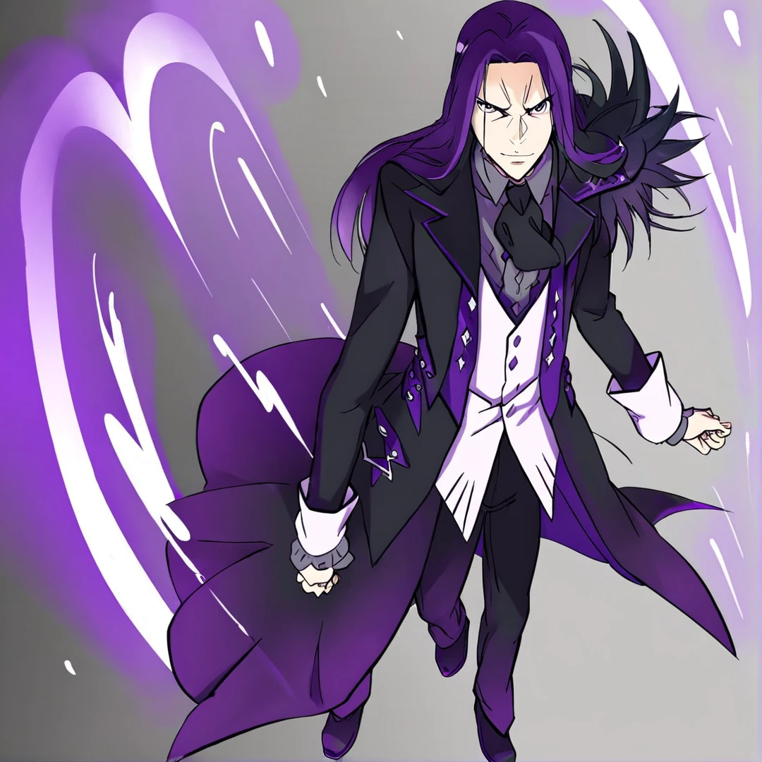 <lora:StrideVollachia:1>, stride, thirty years of age, his features, were uncommonly sharp and noble, has long, rich deep-purple hair, that had a silky look to it, and reached past his shoulders, wears black trousers, black shoes, a light grey shirt, a black cravat, a white waistcoat over the shirt, and a black long coat over the waistcoat, that had notched lapels and rolled cuffs, purple lining, on his left shoulder, has many large feathers with purple tips, on each of his ten fingers, are ring curse tools, full body, standing in a war zone, is fighting, high in the sky, surrounded with flames