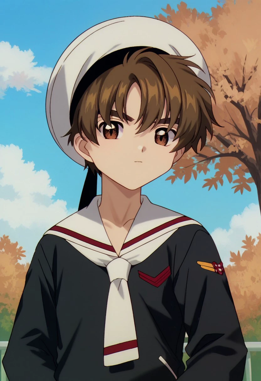 score_9, score_8_up, score_7_up, source_anime, highly detailed, 
syaoran, 1boy, male focus, solo, brown hair, brown eyes, hat, white headwear, school uniform, shirt, black shirt, long sleeves, sailor collar, looking at viewer
outdoor, sky, cloud, tree