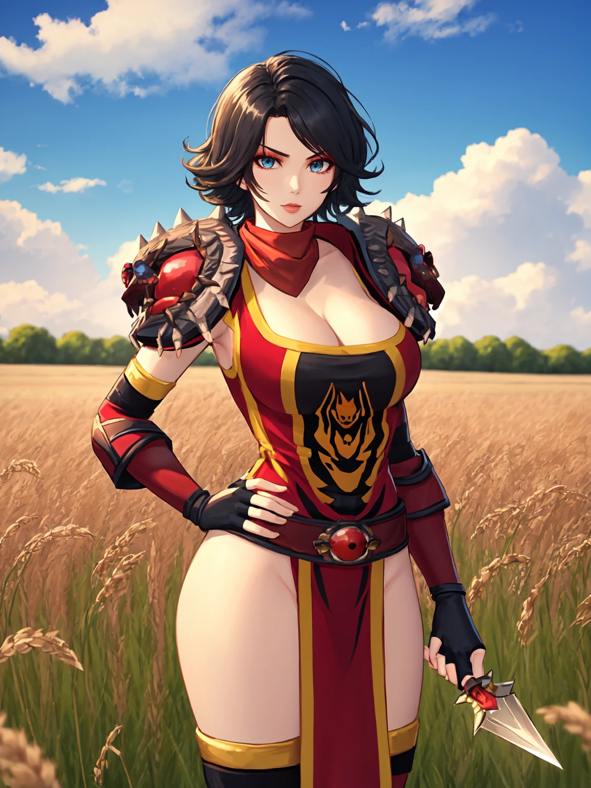 masterpiece, high quality,
a girl is standing, hand on own hip, cowboy shot, holding dagger, close-up,
Vanessa VanCleef,
looking at viewer, confident,
black hair, short hair, blue eyes, makeup, lips,
bandana around neck, shoulder armor, tabard, pelvic curtain, elbow gloves, belt, red thighhighs, fingerless gloves,
large breasts, cleavage, thighs,
outdoors, field, field of rye, blue skies, clouds, day,
 <lora:Vanessa_VanCleef_1.5:1>