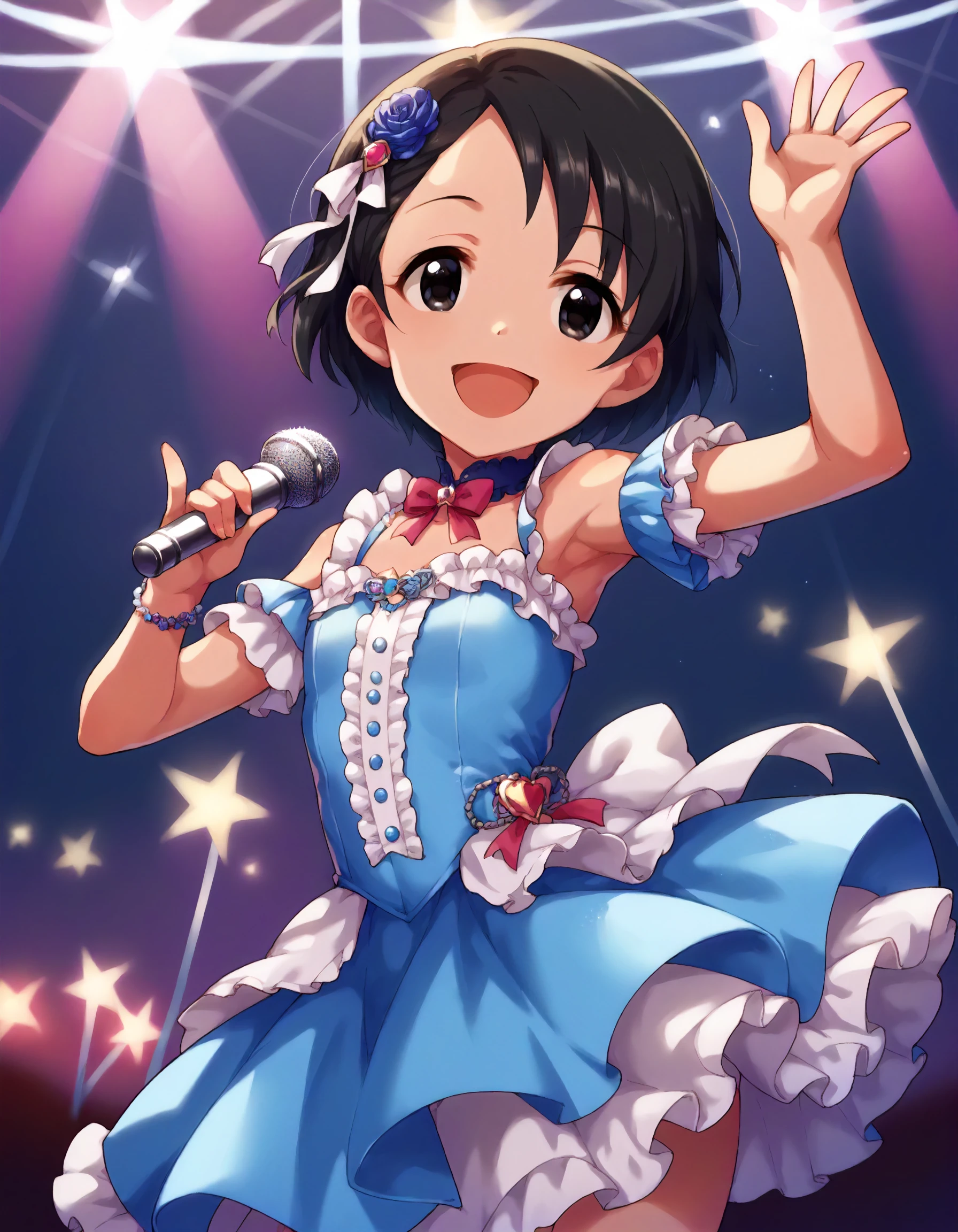 score_9,score_8_up,score_7_up,1girl,solo,cowboy shot,looking at viewer,smile,open mouth,holding microphone,stage lights,
<lora:sasakichie_ponyXLV6:0.8>,cgsce,
black hair,short hair,black eyes,flat chest,
blue dress,frills