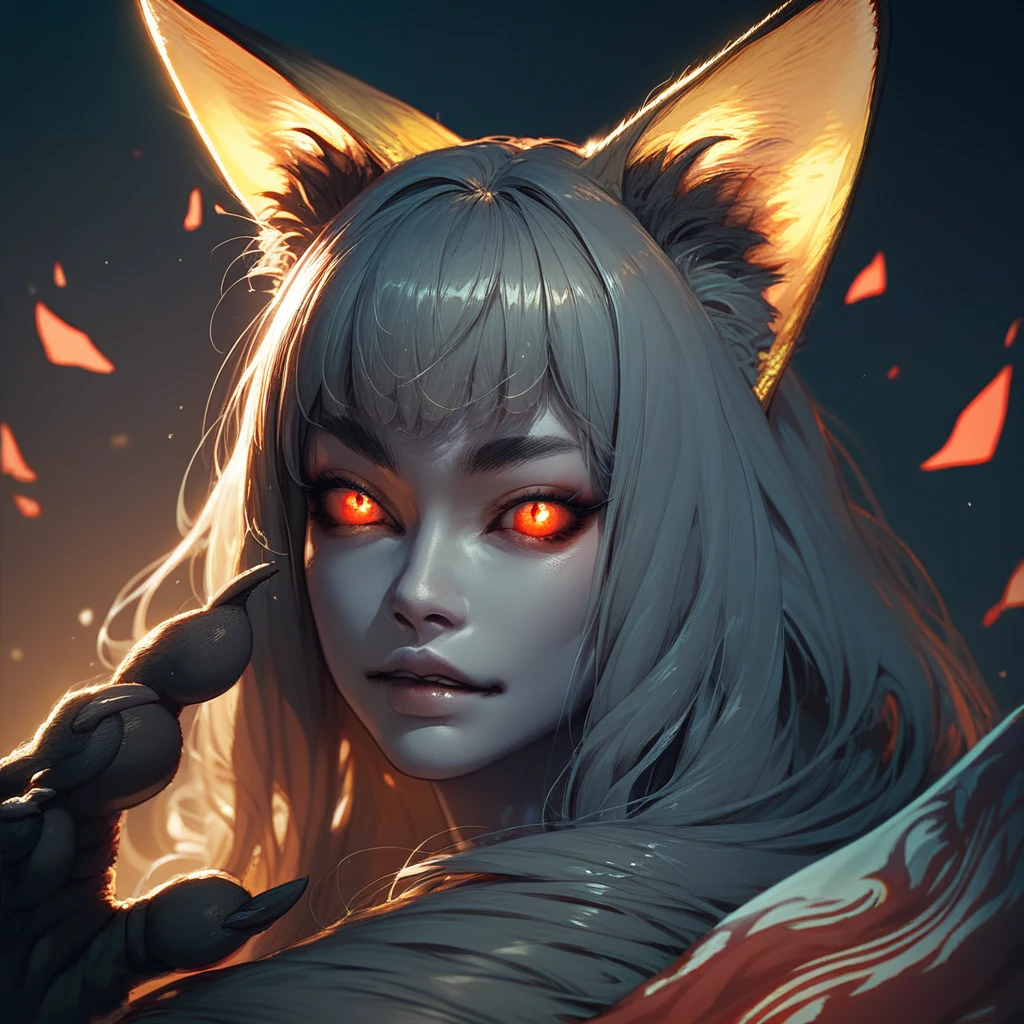 score_9, score_8_up, score_7_up, portrait, beautiful, <lora:KashaChacha:1> BREAK, 1girl Kasha. Kashanioh. fox girl. fox ears. grey skin. fox hands. fox legs. red eyes. glowing eyes. glowing ears.