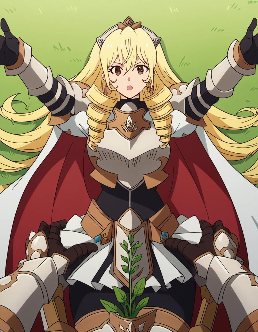 score_9, score_8_up, score_7_up, source_anime, <lora:bozes-co-palesti-s1s2-ponyxl-lora-nochekaiser:1>, bozes co palesti, long hair, blonde hair, brown eyes, drill hair, large breasts, skirt, gloves, cape, armor, shoulder armor, gauntlets, jewelry, earrings, breastplate,, gardening, watering plants, backyard, flowers blooming, sunny day,, , , on back, arm support, arms up, incoming hug, pov, reaching, reaching towards viewer,, solo,, cowboy shot, dutch angle