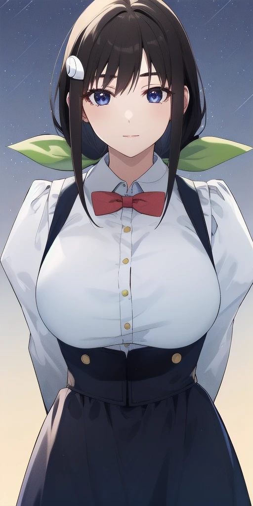 <lora:mayoi_hachikujiV2:0.7> mayoi_hachikuji_low_ponytail, huge_breasts, standing, solo, arms_behind_back, starry_sky,  white_shirt_blue_suspender_skirt_juliet_sleeves_frills_red_bowtie, green_hair_ribbon, hairclip, masterpiece, best_quality, detailed_face, detailed_eyes, highres, beautiful, detailed, absurdres,