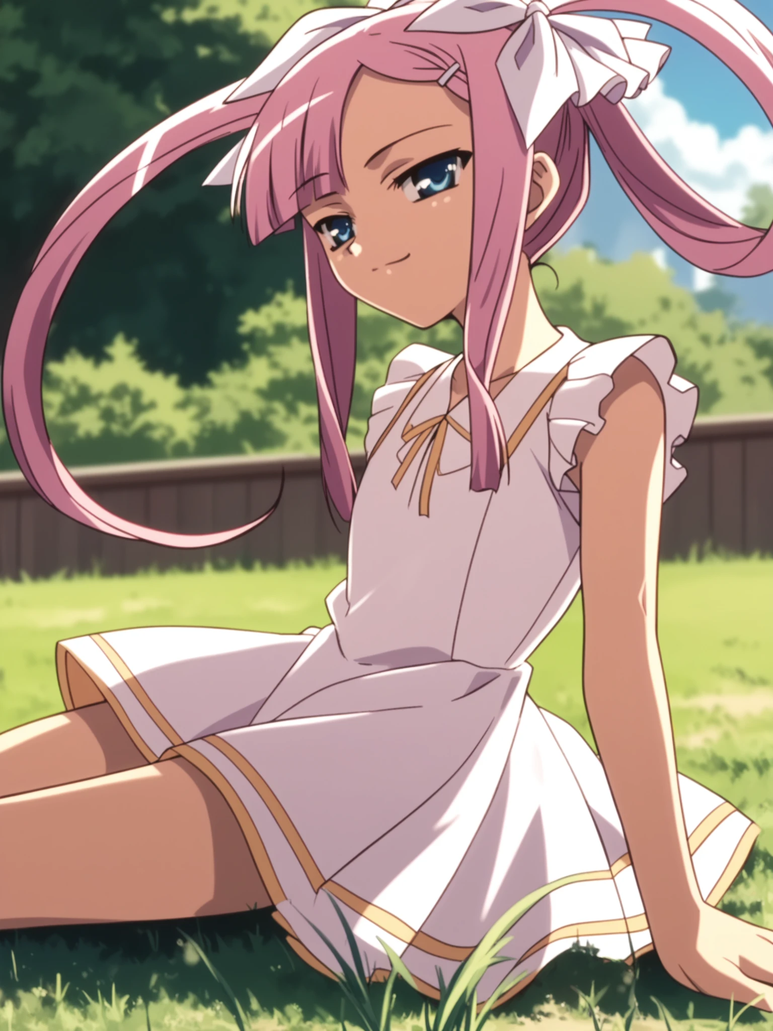 <lora:happy_tentacle-sonshoukou-v0.1-000012:1>, ht_sonshoukou, hair ribbon, hairclip, sundress, ponytail, outdoors , 1girl, solo, cowboy shot, thighs , half-closed eyes , (happy :1), , looking at viewer , lying , from side , score_9, score_8_up, score_7_up, score_6_up, score_5_up, score_4_up