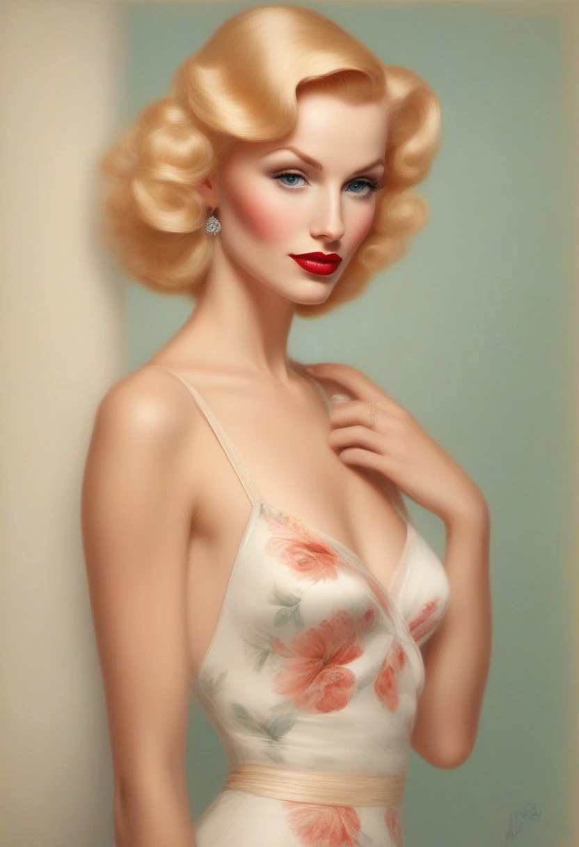 Create an image of a glamorous woman in the style of Alberto Vargas’s pinup paintings from the 1940s elegantly incorporated into the design.
Her head to knees in the frame.
Ensure the woman embodies an alluring yet playful expression, dressed in a skimpy stylish outfit that highlights her curves showing skin, with vintage floral or art deco elements subtly woven into the scene.