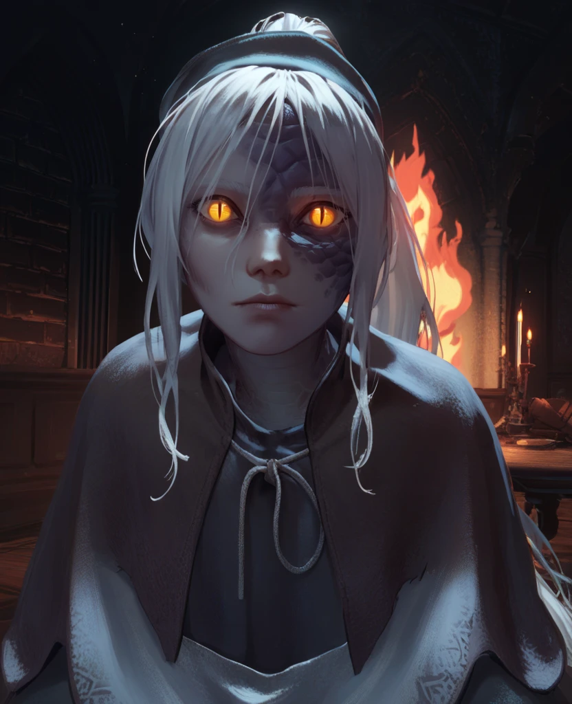 score_9,score_8_up,score_7_up,score_6_up,
thepnterxl,facial mark,yellow eyes,slit pupils,scales,white hair,ponytail,
hat,dress,capelet,sitting,looking at viewer,upper body,
indoors,castle,night,  flames, 
<lora:thepainterXL:0.8>,