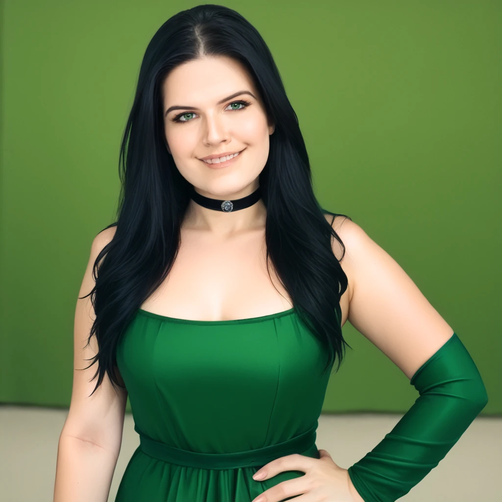 <lora:Pony_-_Erica_Lindbeck_r2:1>, lindb3ck, 1girl, black hair, solo, dress, breasts, long hair, looking at viewer, choker, hand on hip, green dress, blurry, green eyes, smile, black choker, upper body, realistic,