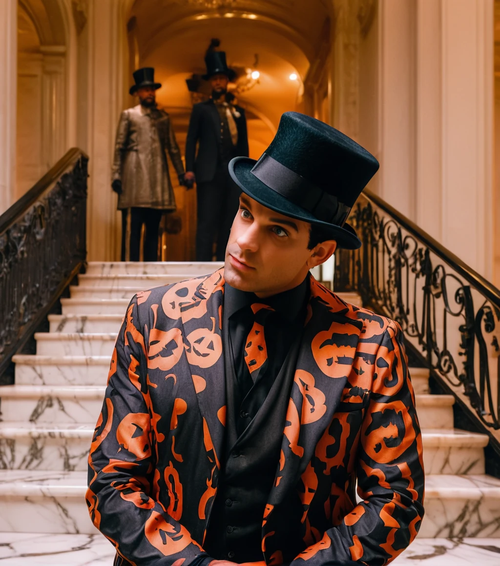 <lora:d5pumpk1n_04XL-000010:1.1>, a photograph of (handsome d5pumpk1n man:1.2)with black hair,as a socialite, attending the met gala,with a top hat,(standing on a curved marble staircase:1.3),in the atrium of an (elegant hotel:1.2),looking over shoulder,(face focus:1.2)(side view:1.2), cinematic photograph, photorealism, realistic lighting,depth of field,realistic shadows,masterpiece,Award-winning, 8K wallpaper,Hyperrealistic, intricate detailed, subsurface scattering, rule of thirds, detailed pupils, 35mm photograph, detailed skin texture, subsurface scattering