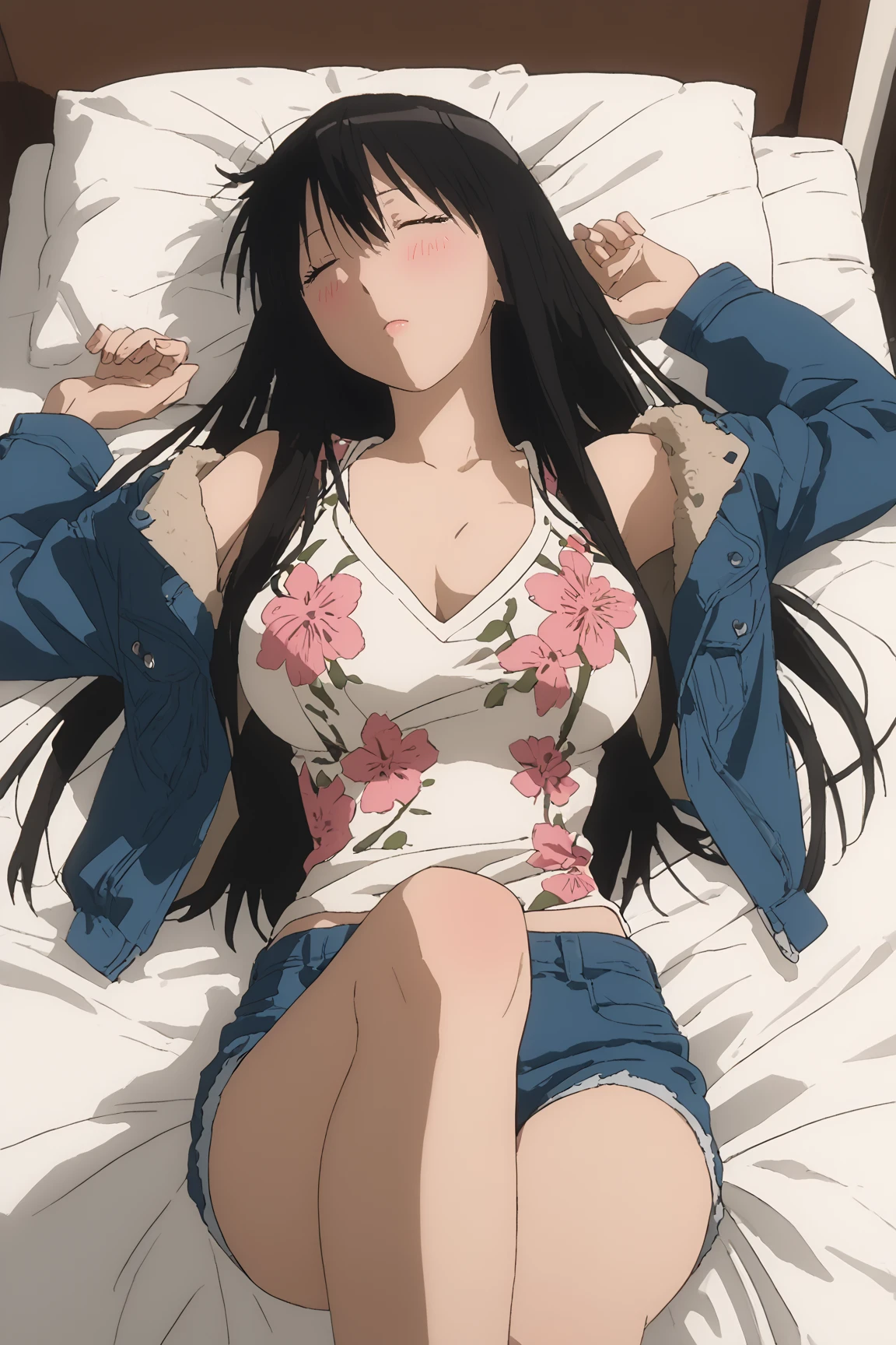 A photo of a young woman lying on a bed. She is wearing a yellow jacket, a pink lace bra, and denim jeans. The woman has long dark hair and a beautiful face with a gentle expression. She looks like she is in her early twenties and has a fit and healthy body. The photo is taken from a slightly elevated angle and the background is blurry.