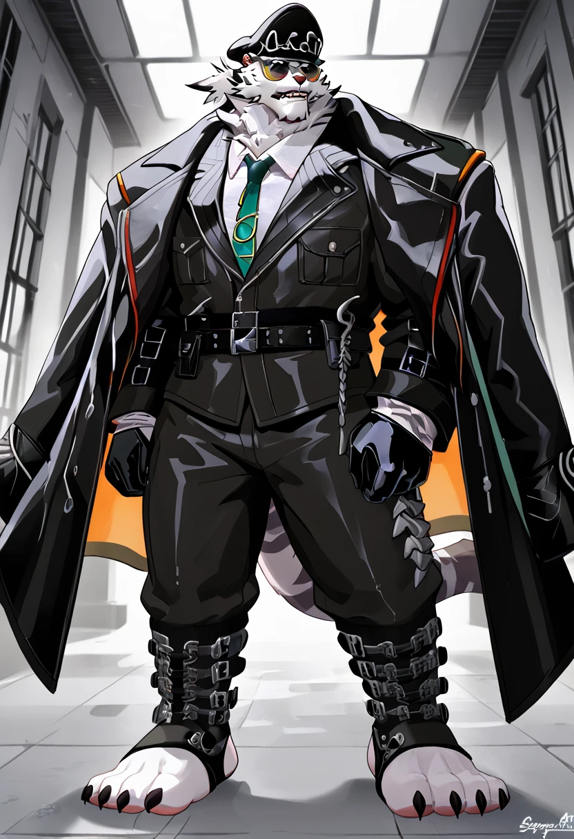 Jin Qiu,green necktie, peaked cap, shades, prison officer uniform,  white shirt, black jacket, coat over shoulders,  black gloves, stirrup socks,
