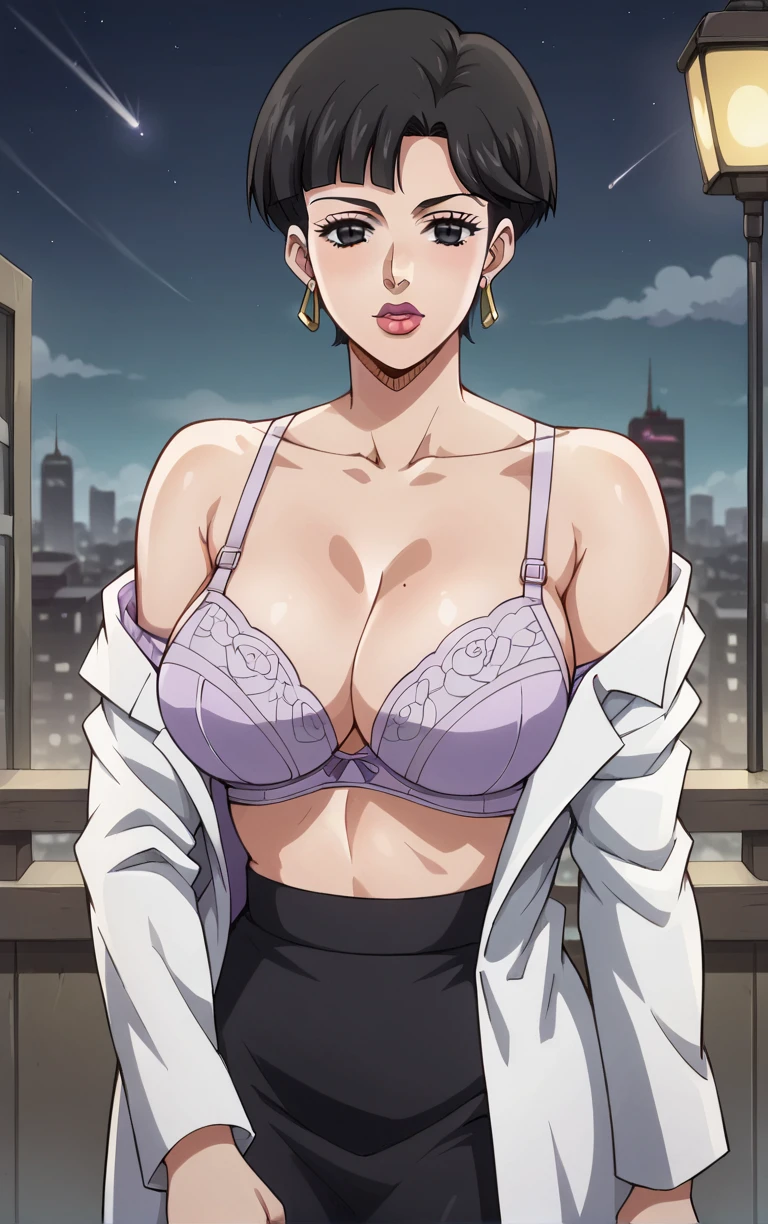 score_9, score_8_up, score_7_up, looking at viewer,  BREAK 
OpenShirt_JoJoStardustCrusade_Nurse_ownwaifu,
1girl, black eyes, black hair, short hair, jewelry, large breasts, lipstick, bangs, lips, hoop earrings, makeup, bob cut, mature female,
 purple bra, open shirt,  off shoulder, open clothes,  black pantyhose, black skirt, pencil skirt, lab coat, long sleeves, 
(standing, arm_support), railing, cityscape, night, city, city lights, scenery, starry sky, outdoors, <lora:PONYXL_JoJoStardustCrusade_Nurse_ownwaifu:0.8> , depth of field, solo,