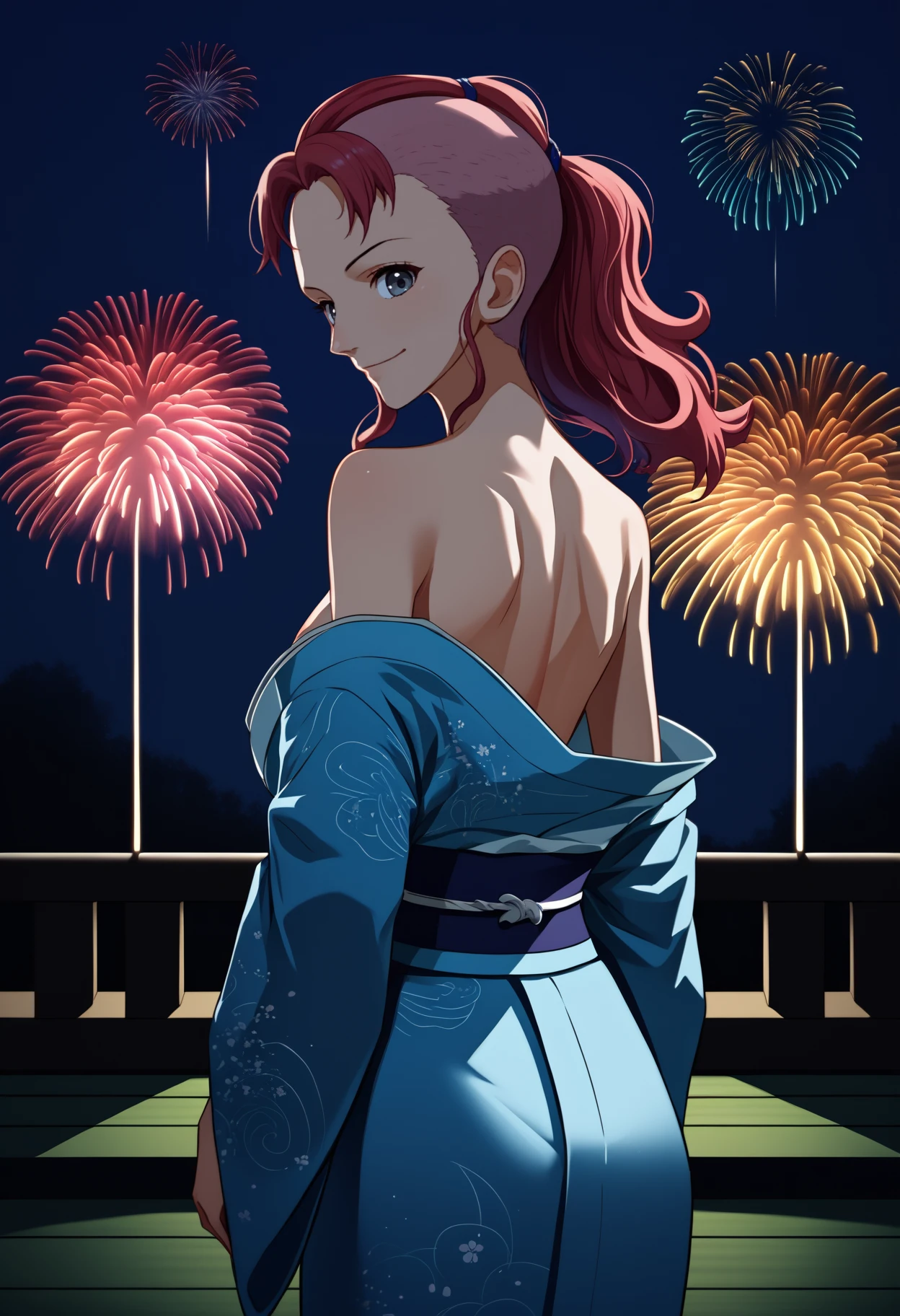 score_9, score_8_up, score_7_up, source_anime, <break> from behind, solo, 1girl, bellemere, smile, looking back, red hair, ponytail, mohawk, grey eyes, japanese clothes, blue kimono, off shoulder, bare shoulders, fireworks
<segment:yolo-face_yolov8m.pt,0.4,0.5//cid=1>