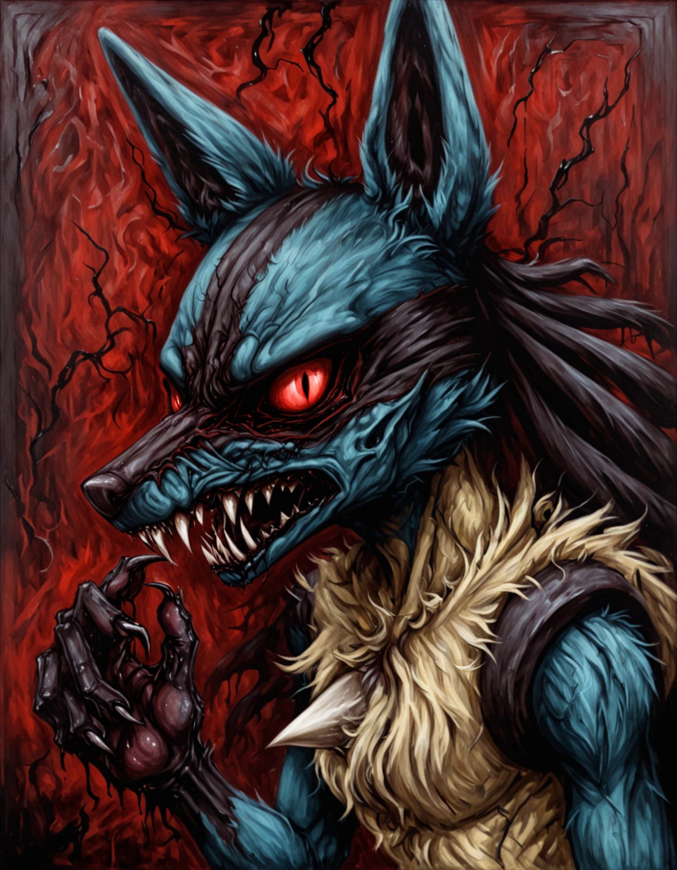 gothic oil painting, sketch, lucario, long fur, blue body, black stripes, chest tuft, red eyes, fangs, angry, rised hand, sharp nails, looking at viewer, side view
horror, scary, unsettling
<lora:Erentil's nightmares - Horror style for SDXL_epoch_7:1>