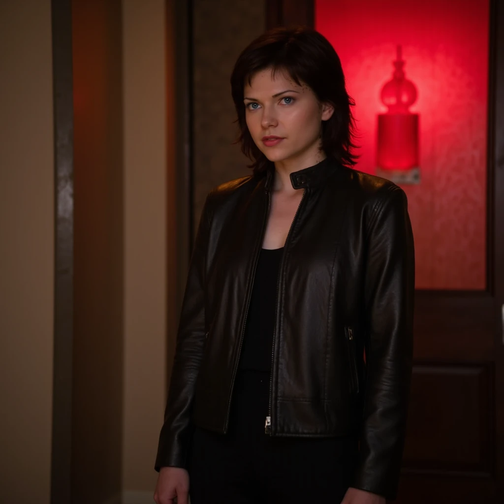 photo realistic, EzriDax woman, wearing black leather jacket, standing in a room with a red light in it <lora:EzriDax_Flux_v1:1.3>