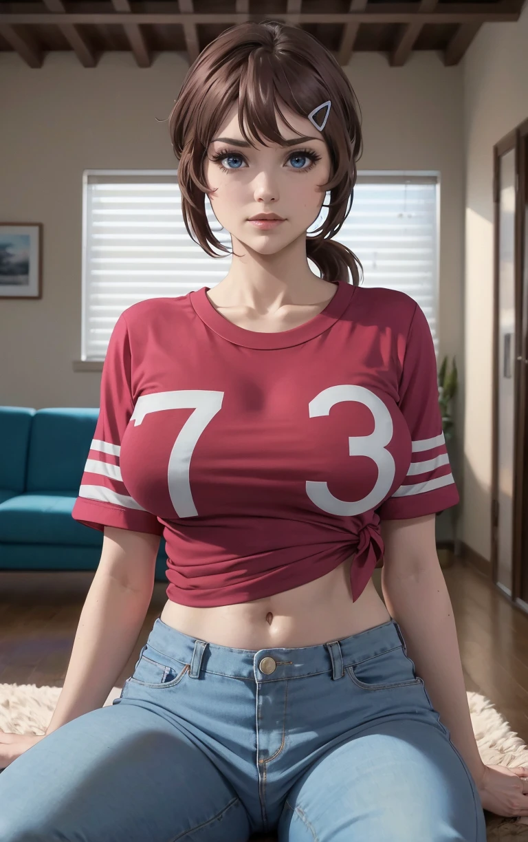 (masterpiece, best quality:1.4), insaneres, absurdres, solo, looking at viewer, BREAK 
PinkTshirt_MegumiSaito_ownwaifu, 
1girl, brown hair, navel, hair ornament, midriff, tied shirt, hairclip, large breasts, denim, groin, jeans, short hair, short sleeves, pants, ponytail, blue eyes, t-shirt, collarbone, print_shirt, clothes_writing,
(sitting, spread legs), arms behind back, couch, window shade, indoors, <lora:ANIME_HighRiseInvasion_MegumiSaito_ownwaifu:0.95> , depth of field 
,