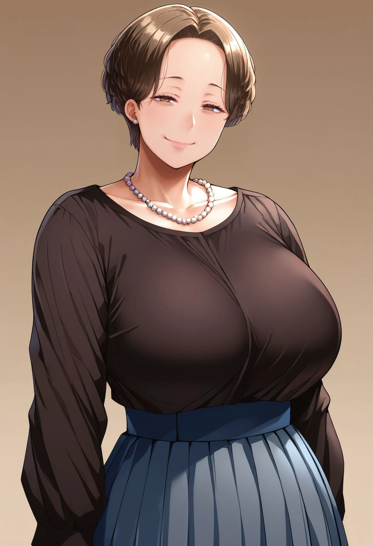 {{upper body, dutch angle}}{{Artist: sincos}} 1girl, solo, mature female, curvy, short hair, brown hair, brown eyes, eyeliner, lips, mole under left eye, huge breasts, black victorian dress, white belt, short dress, sweet smile, looking at viewer, indoors, kitchen, standing, hand on own chest, pov, medieval fantasy.
