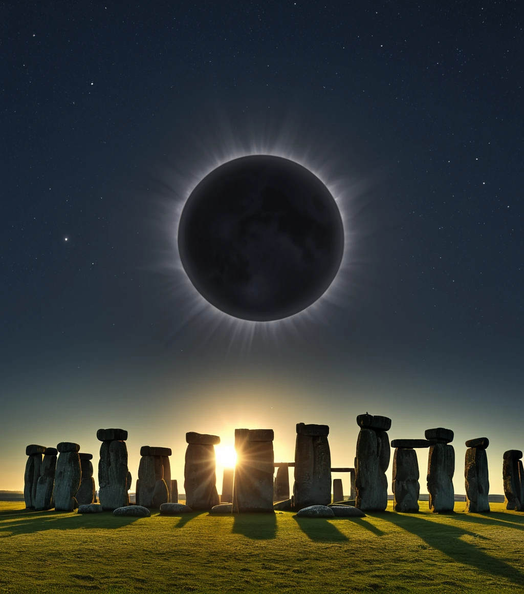 <lora:3cl1p53_01XL-000008:1.1>,(3cl1p53 style),a RAW photograph of (3cl1p53 eclipse:0.9) (rising high in the sky above),with (Stonehenge:1.2),surrounded by a group of druids praying,surrounded by bright solar corona,high in the dark starry sky at night,HDR,(wide angle shot:1.2),sharp focus,(highly detailed),(8k wallpaper),intricately detailed,highres,absurdres,hyper realistic,8K UHD DSLR,IMAX,extremely intricate,4k textures,cinematic look),hyperdetailed