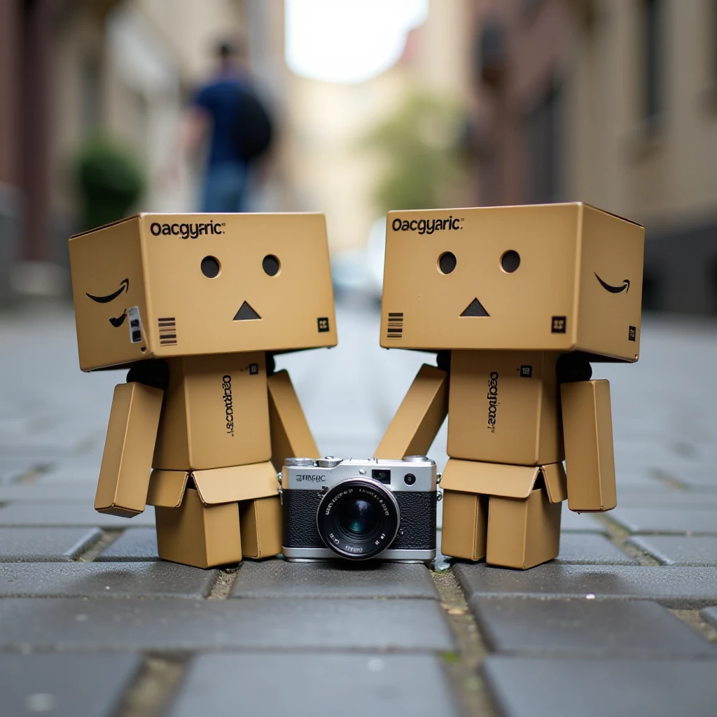 danbo, two Danbo action figures sitting next to each other on a sidewalk, with a camera in between them. The background is slightly blurred, giving the image a dreamy feel.