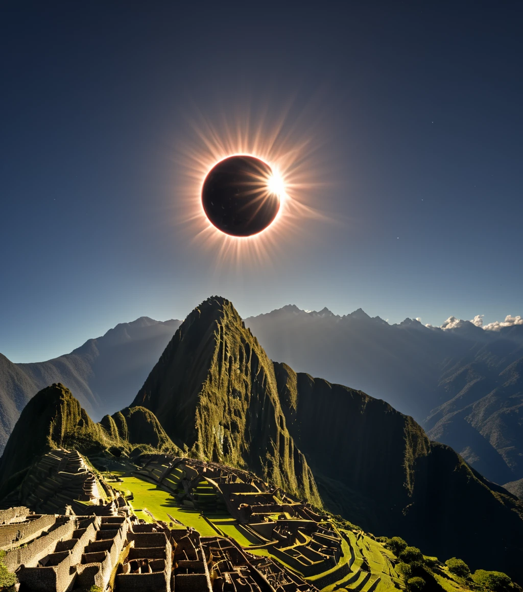 <lora:3cl1p53_01XL-000008:1.1>,(3cl1p53 style),a RAW photograph of (3cl1p53 eclipse:0.9) (rising high in the sky above),a (Machu Picchu in Peru) at night,surrounded by bright solar corona,HDR,(wide angle shot),sharp focus,(highly detailed),(8k wallpaper),intricately detailed,highres,absurdres,hyper realistic,8K UHD DSLR,IMAX,extremely intricate,4k textures,cinematic look),hyperdetailed