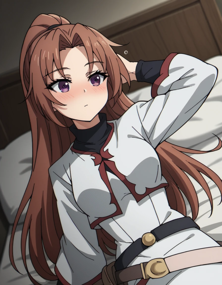 score_9, score_8_up, score_7_up, source_anime, <lora:apprentice-cleric-s2-ponyxl-lora-nochekaiser:1>, apprentice cleric, long hair, brown hair, purple eyes, ponytail, parted bangs, medium breasts,, dress, belt, long sleeves,, indoors, bed, bed room, on side, blush, drunk,, , , hand behind head, , solo,, cowboy shot, dutch angle