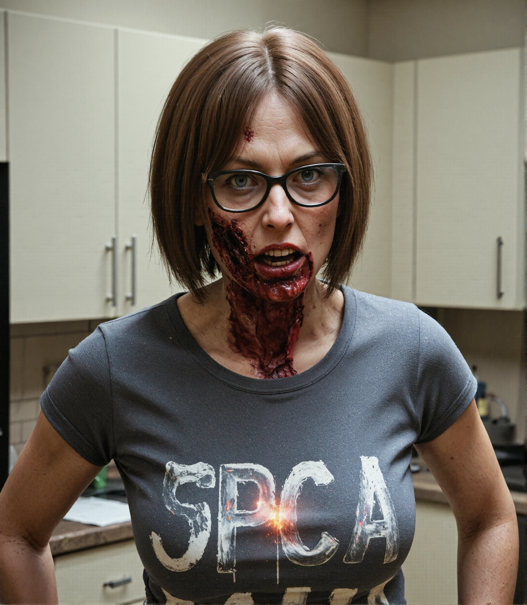 ((masterpiece, photorealistic, cinematic)), uzombie, ((A photo solo of a zombie woman with a t-shirt with text:"We're all dead here" text stylized like gothic rage and exploding glass)), aged 30, with detailed long hair, detailed eyes, Black Frame Glasses, ((In the background is of a kitchen)), (UHD, 8K, ultra detailed, best quality, best aesthetic, amazing detail, work of a master), perfect hands, dark atmosphere, skin texture style, detailed skin pore, realistic skin style, volumetric lighting, cinematic lighting, (highly detailed background, shallow depth of field), Facing the camera, looking at viewer, Movie frame, cinematic, A movie scene, cinematic scene,