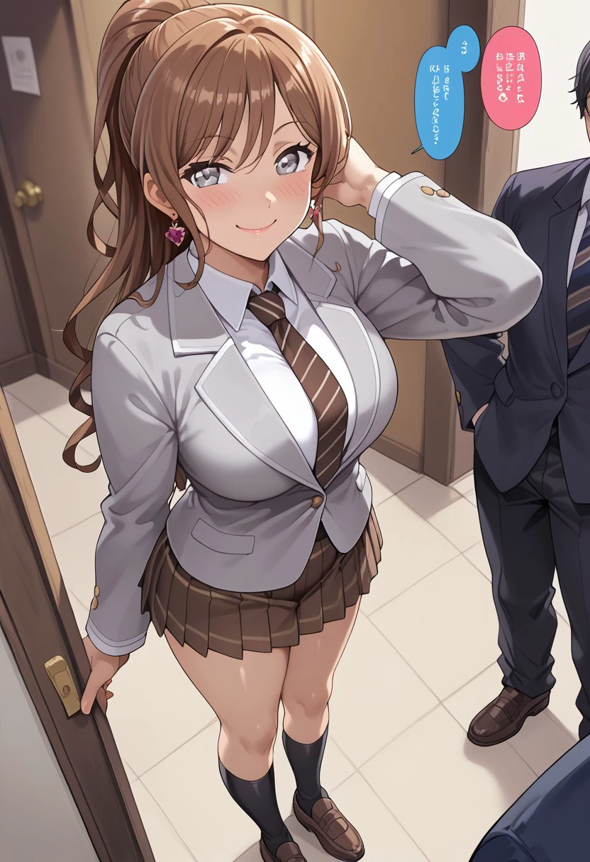 score_9, score_8_up, score_7_up,BREAK source_anime,rating_explicit, drunk, comic,bottomless,mogudan, full body,1girl,1men,smile,alone,blush,looking at vietwer,shiny_clothes,shiny_skin,five fingers,lisaimai,large breast,smile,blush, looking at vietwer,long hair, ponytail, grey eyes, earrings, school uniform, striped necktie, brown necktie, collared shirt, grey jacket, blazer, long sleeves, plaid skirt, pleated skirt, brown skirt,hand on behind hair,socks,knee high socks,shoes brown,from above,Thighs, Standing with one foot forward ,mogudan ,background back