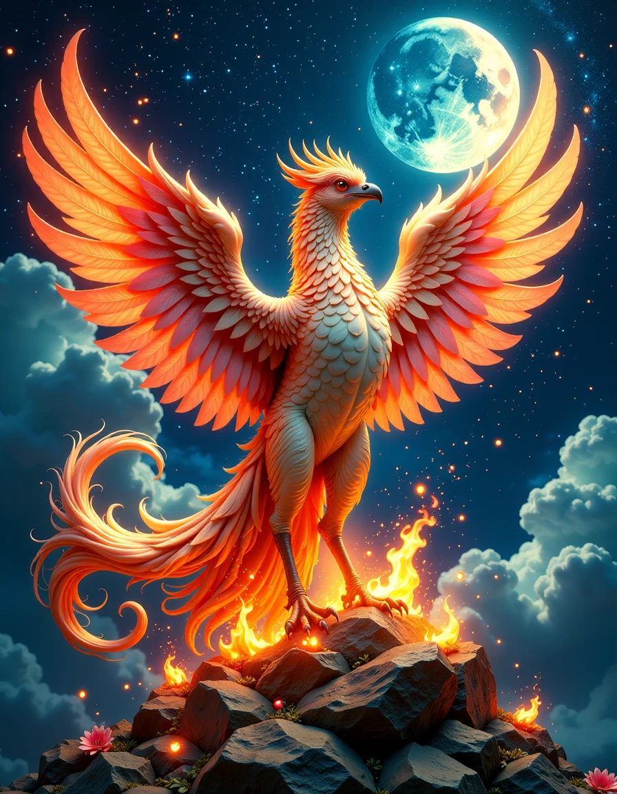 Majestic mythical phoenix rising from golden ashes, vibrant flames in shades of red, orange, and blue engulfing its wings, embers floating in the air, starry night sky with a crescent moon, Magic Dream aesthetic, hyper-detailed feathers, intense colors, cinematic composition
 <lora:magic-dream:0.5> md0924, magic, anna stokes, boris vallejo, alphonse mucha, sky with clouds and moon, flowers, swirl magic