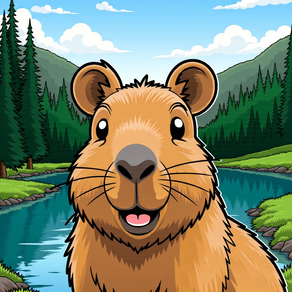 drawartbackground Drawcapybara capybara, close-up, detailed, looking into the camera with a drawartbackground background of breathtaking and highly detailed landscape of forest and a lake