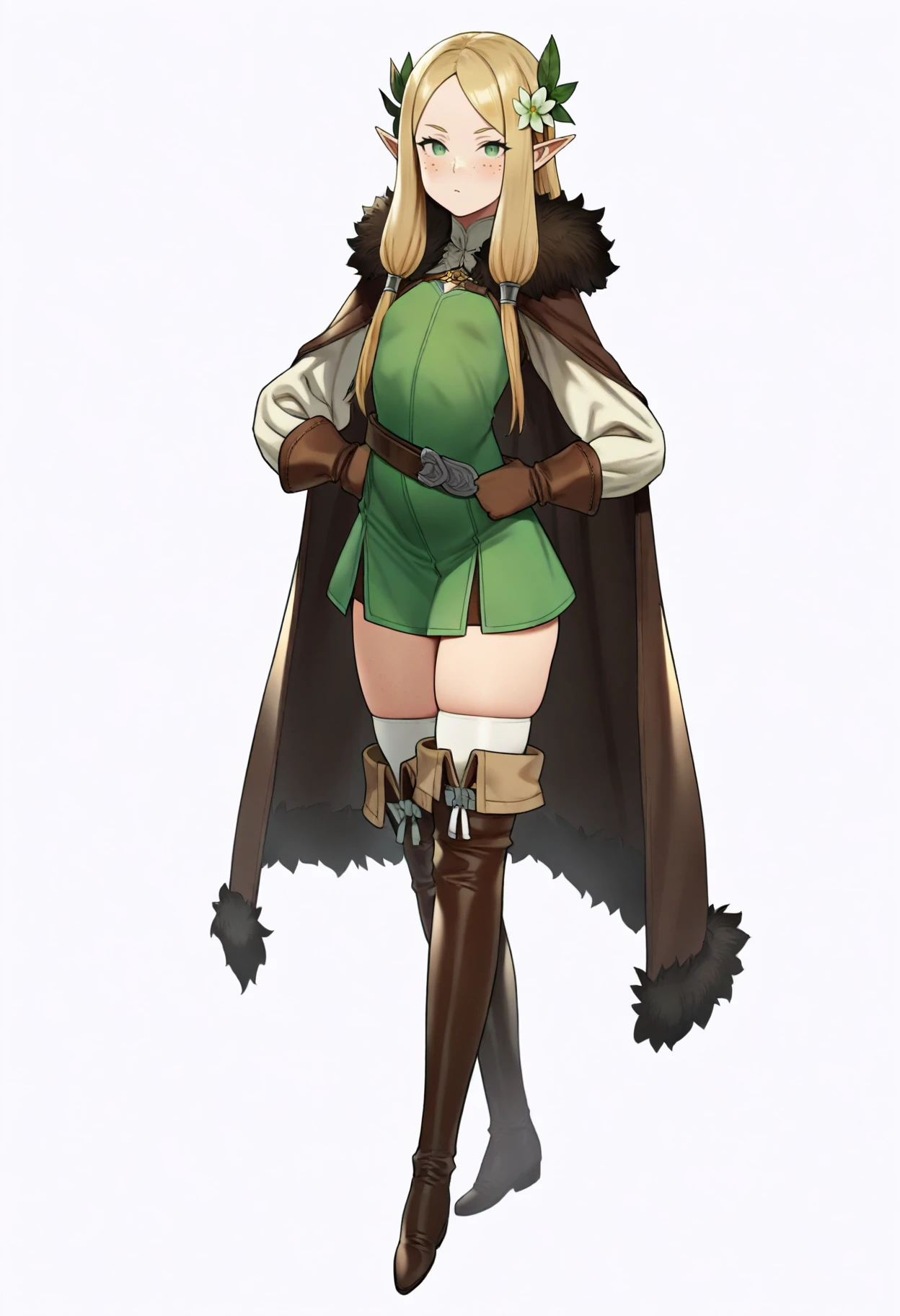 toluct,
best quality, amazing quality, very aesthetic, absurdres,
1girl, blonde hair, hair ornament, green eyes, freckles, elf, fur cape, fur trim, belt, dress, gloves, thigh boots, thighhighs,
hands on hips, full body, standing, solo, looking at viewer, simple background, white background    <lora:TOLuCTIllustriousXL_byKonan:1>