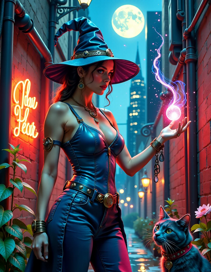 Modern witch casting a spell in a neon-lit alley, magical sigils floating in the air, her familiar (a spectral cat) by her side, skyscrapers looming in the background, Magic Dream inspired, blend of modern and magical elements, vibrant colors
 <lora:magic-dream:0.5> md0924, magic, anna stokes, boris vallejo, alphonse mucha, sky with clouds and moon, flowers, swirl magic