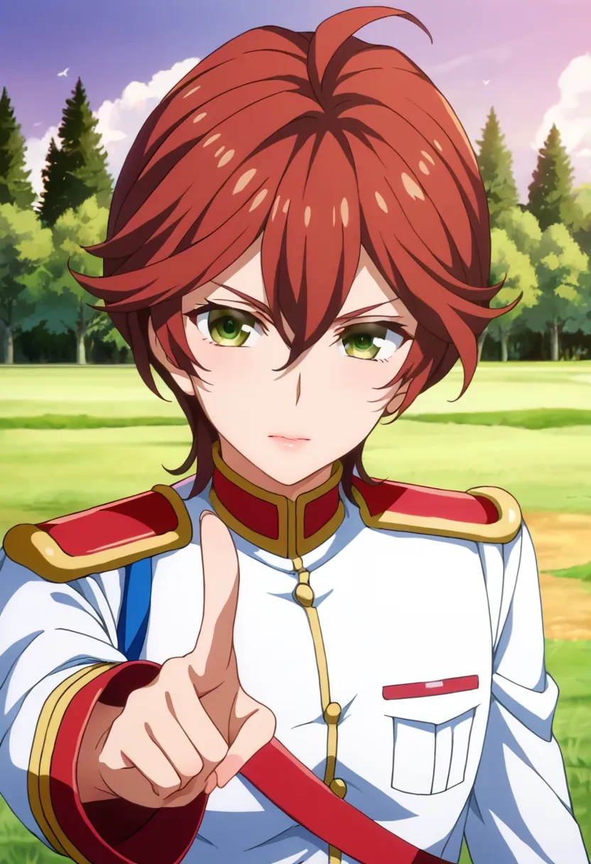 score_9, score_8_up, score_7_up, score_6_up,
masterpiece, source_anime,

solo, 1girl,

Hiragi Akira, red hair, short hair, brown hair, green eyes, hair between eyes, uniform, epaulettes, white uniform, military uniform, aiguillette,

outside, pointing, tank, military,