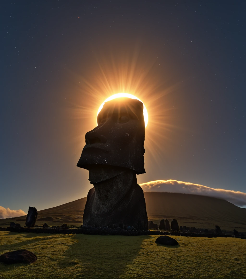 <lora:3cl1p53_01XL-000008:1.1>,(3cl1p53 style),a RAW photograph of (3cl1p53 eclipse:0.9) (rising high in the sky above),a (Easter Island Heads) at night,surrounded by bright solar corona,HDR,(wide angle shot),sharp focus,(highly detailed),(8k wallpaper),intricately detailed,highres,absurdres,hyper realistic,8K UHD DSLR,IMAX,extremely intricate,4k textures,cinematic look),hyperdetailed