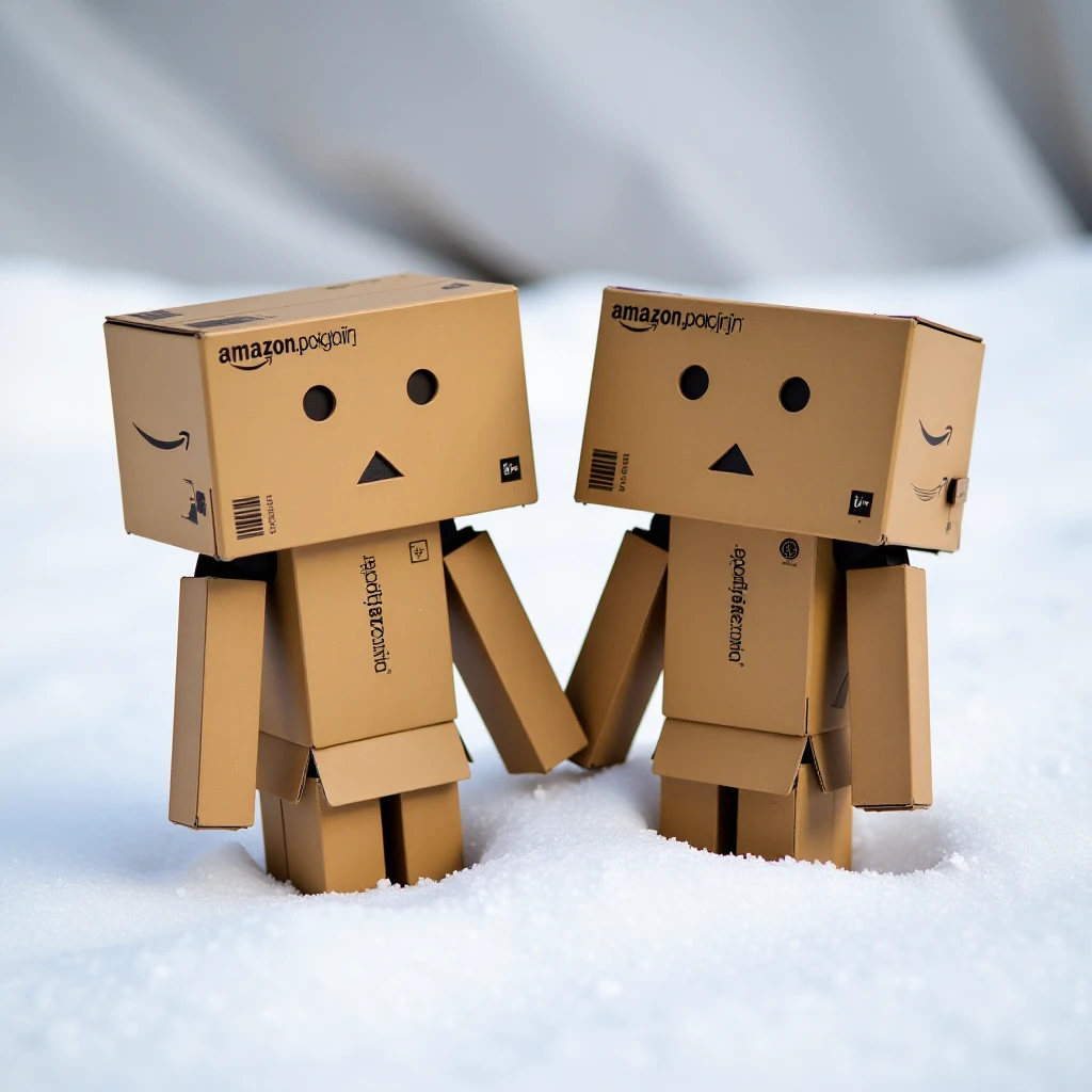 danbo, two Danbo boxes sitting in the snow, with a white cloth in the background. The boxes are made of cardboard and have the Amazon logo printed on them