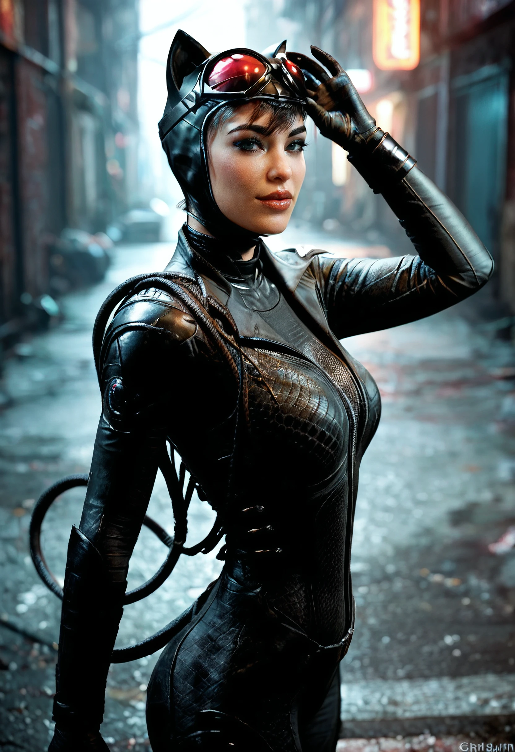 score_9, score_8_up, score_7_up, zy_catwoman, 1girl, looking at viewer, goggles, goggles on head, solo focus, realistic, makeup, bodysuit, portrait, city alley, neon on background, at night, dark, low light, depth of field, highly detailed, high contrast, film grain, Rim Lighting , <lora:zy_Catwoman_PonyRealism_v1:0.7>