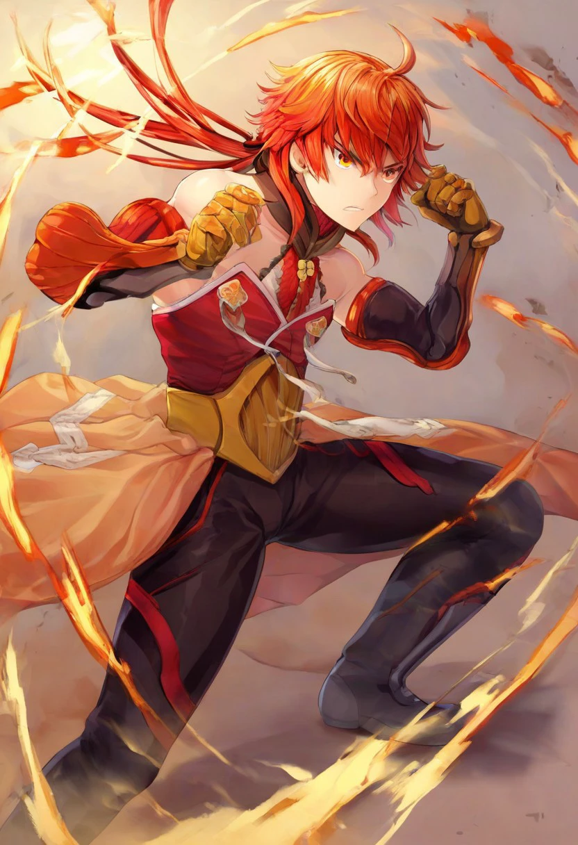 rama_(fate), fate/grand order, 1boy, low ponytail, bishounen, otoko no ko, hair between eyes, detached_sleeves, gauntlets, ,  solo focus,  male focus, red hair, gradient hair, bare shoulders, detached collar, standing,  fighting_stance