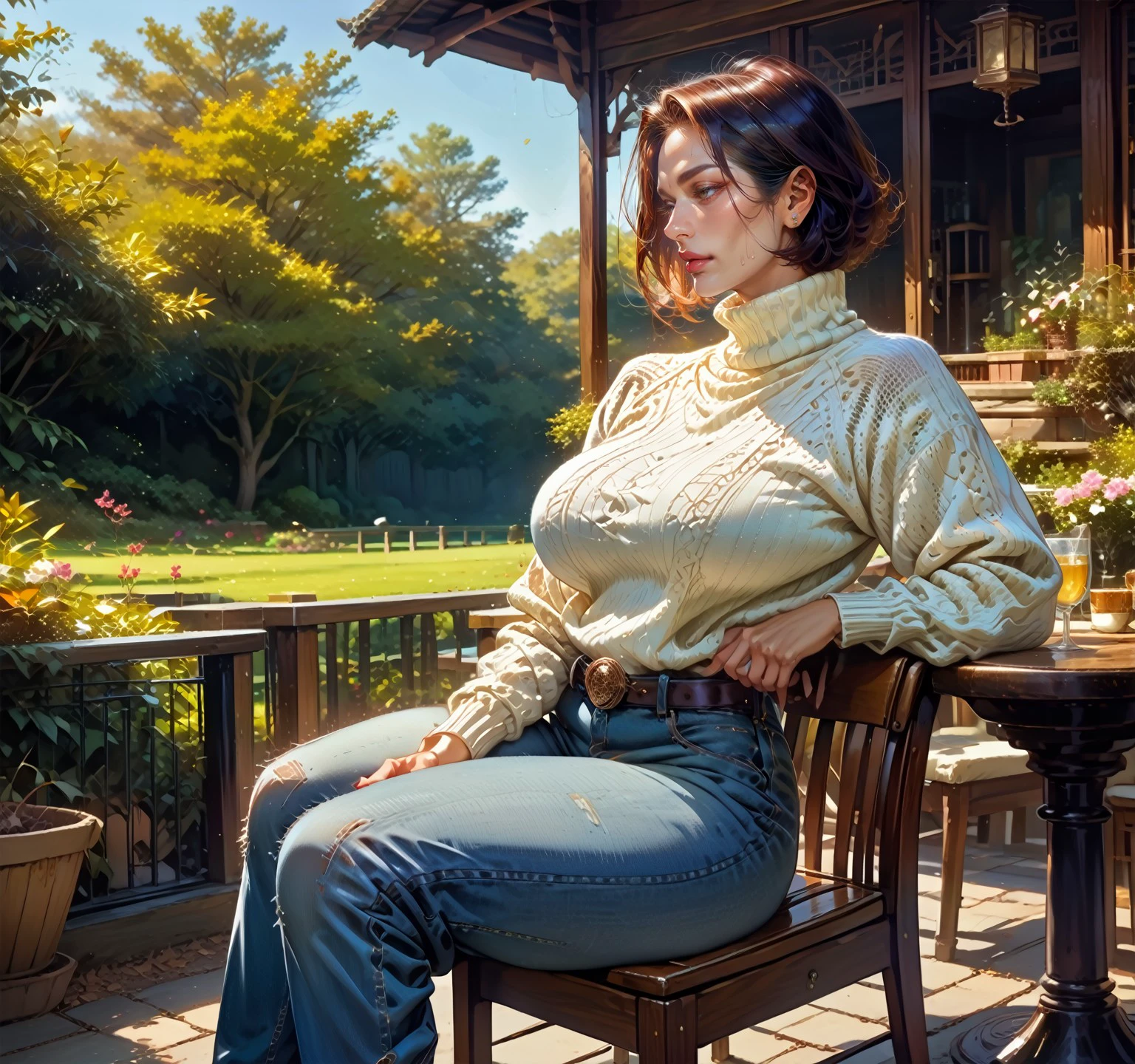 score_9, score_8_up, score_7_up,1girl, mack1e style, araneesama, sweatermilf, large breasts, sweater, jeans, relaxing on a metal chair, (in rural park), outdoors, detailed background, side view, EXPRESSIVEH, <lora:Expressive_H:0.8>, <lora:Anime Summer Days 2 Style SDXL_LoRA_Pony Diffusion V6 XL:0.75> <lora:ComicsPonyXL_V2:0.35>, <lora:SweaterMilf:0.85>  <lora:Mackiestyle:0.6>