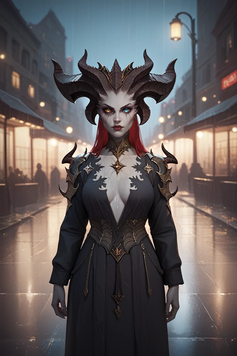 score_9, score_8_up, score_7_up, score_6_up
 <lora:D4Lilith:1.0>
D4Lilith, demon horns, heterochromia, gray skin, looking at viewer, standing under a streetlamp in the rain, reflections on wet pavement, city lights blurred in the background, cinematic and dramatic feel