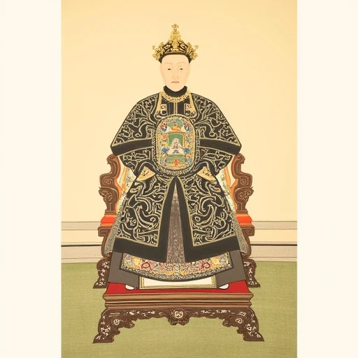 This image is a traditional Chinese ink painting on paper, intricately carved wooden chair with a red cushion, known as a "gong", central panel with a stylized dragon design, which is adorned with a golden crown featuring a tall, wears an elaborate outfit., likely an emperor or high-ranking official, realistic style. The subject is seated and is depicted from the chest up. He has a calm