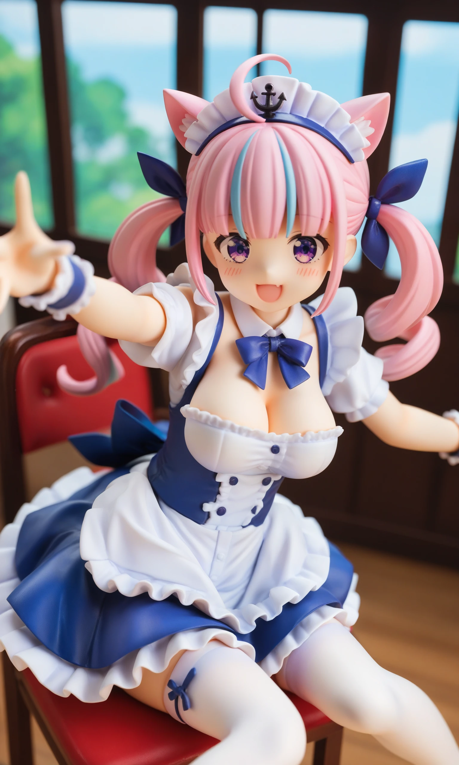 1girl, minato aqua, 
real world location, photo background, the real background, virtual youtuber, breasts, multicolored hair, solo, cleavage, thighhighs, long hair, blue hair, two-tone hair, looking at viewer, animal ears, colored inner hair, blush, large breasts, open mouth, maid headdress, white thighhighs, from above, bow, blue bow, ahoge, streaked hair, smile, cat ears, purple eyes, pink hair, blue ribbon, anchor symbol, outstretched arms, wrist cuffs, ribbon, hair bow, reaching towards viewer, blurry, dress, frills, white shirt, blue dress, sitting, blue skirt, reaching, alternate costume, blunt bangs, short sleeves, shirt, maid, looking up, twin drills, :d, twintails, detached collar, skirt, suspender skirt, depth of field, neck ribbon,
A young girl with long pink hair and cat ears on her head. she is wearing a blue and white dress with a ruffled skirt and a black bowtie. the dress has a high neckline and short sleeves. the girl is standing in front of a window with a view of trees and buildings outside. she has a surprised expression on her face and is making a peace sign with her hand. there are two small figurines of cats on either side of her, one blue and one white. the overall style of the illustration is anime-style.
score_9, score_8_up, score_7_up, source_anime