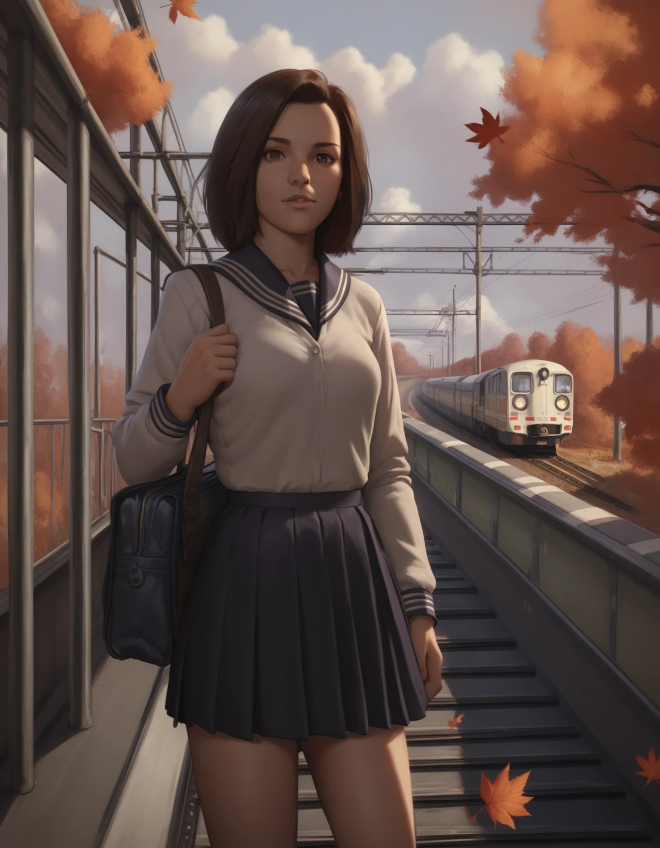 score_9,  score_8_up, score_7_up, <lora:confetti-extract-ponyxl:0.3> <lora:akirossv2-000025:0.95> ak1r0ss,
1girl,solo,autumn leaves,bag,looking at viewer,school uniform,standing,train station,railroad tracks,skirt,ground, cowboy shot