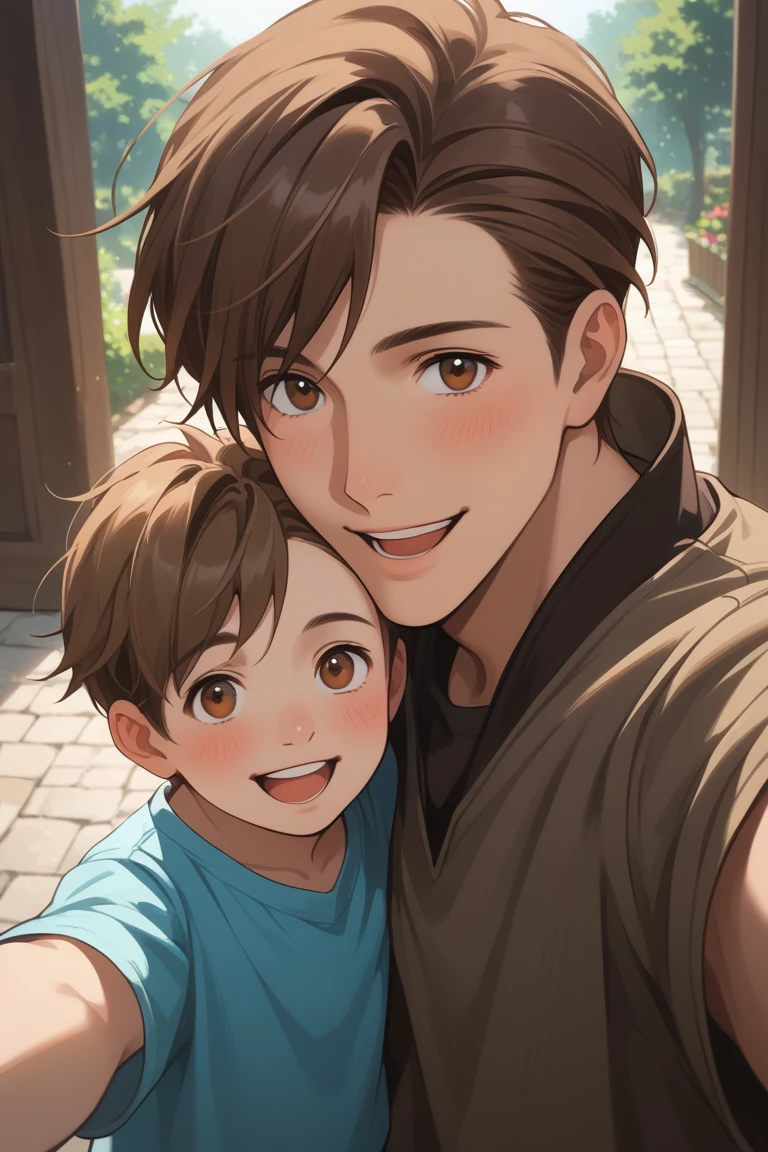 score_9, score_8_up, score_7_up, source_anime, rating_safe, day, sunlight, natural lighting, father and son focus, selfie, looking at viewer, OttoABW, brown_Otto_hair, brown_Otto_eyes, open mouth, oversized arm, 1boy, brown hair, blushing, wide smile, 1male child, 2boys, intricately detailed illustration, from above