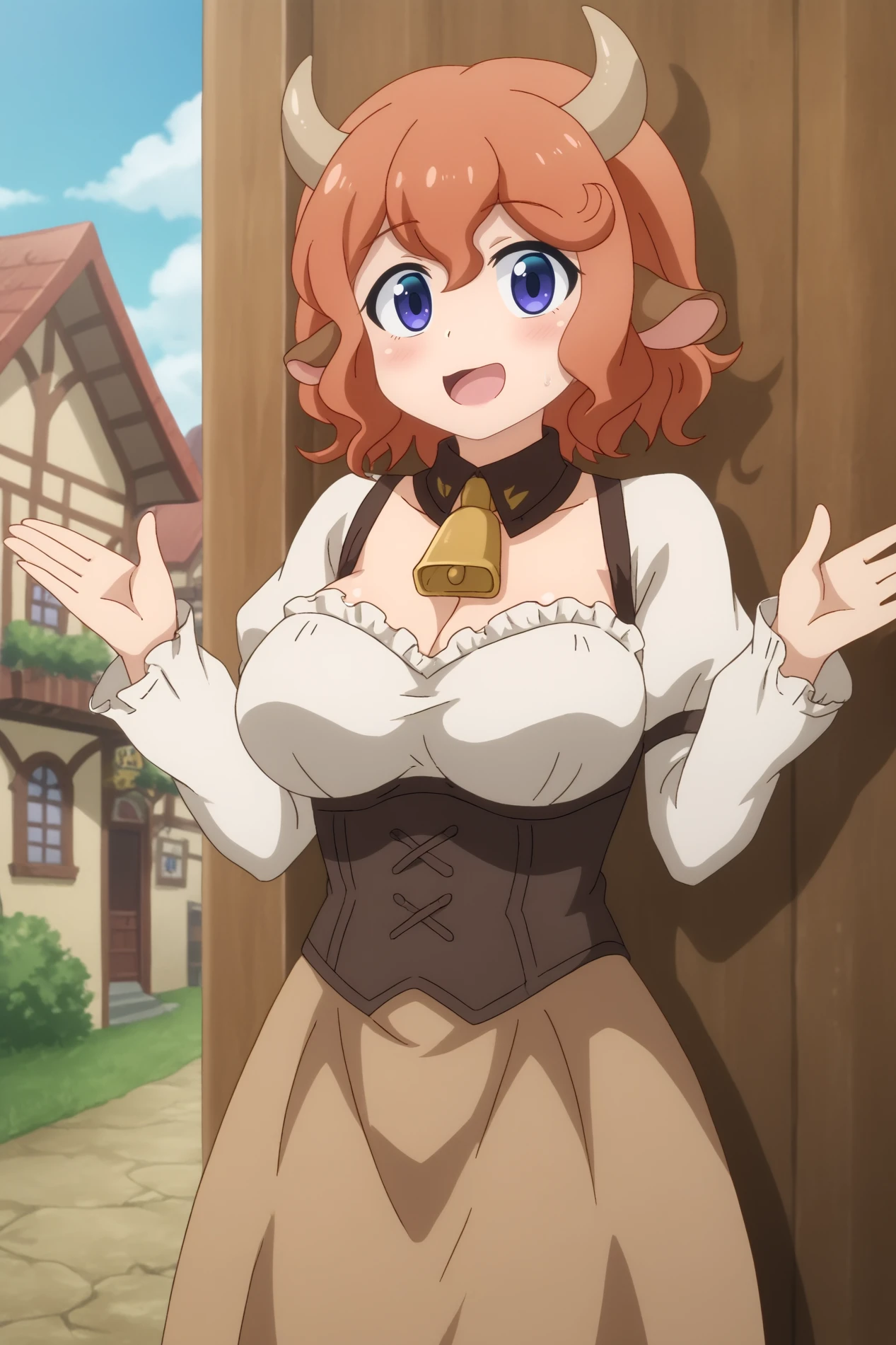 Togue, cow girl, solo, smile, anime coloring,  rating_safe, outdoors, Steampunk Attire <lora:Ishuzoku_Reviewers-Togue-PDXL:0.8>